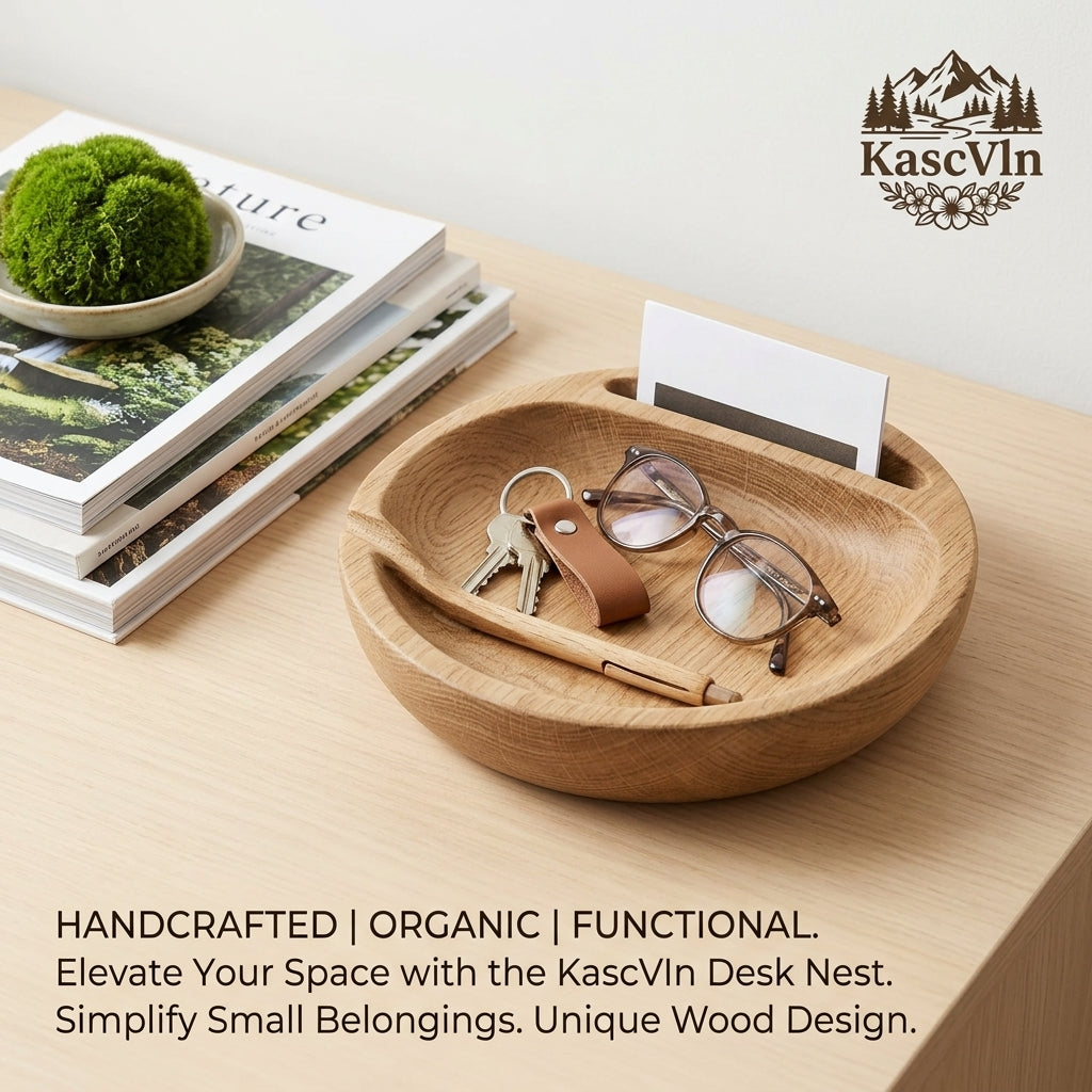 KascVln™ Wooden Valet Tray - Minimalist Desk Organizer & Round Catchall Bowl | Premium Solid Wood Entryway Key Holder, Eyeglass Stand & Pen Cradle | Aesthetic Nightstand Organizer for Home & Office