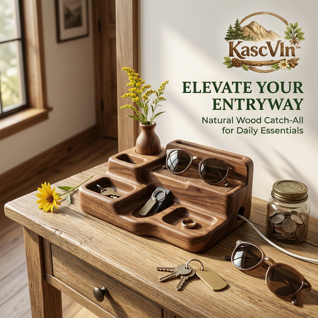 KascVln™ Natural Walnut Wood Valet Tray & Entryway Organizer - Multi-Functional Nightstand Docking Station, Key Catchall, Sunglasses Stand & Phone Charging Organizer - Stylish Home Decor & Housewarming Gift