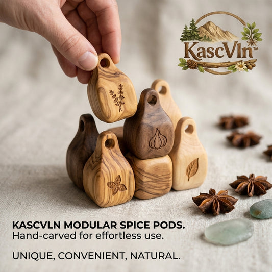 KascVln™ Hand-Carved Modular Wooden Spice Pods | Eco-Friendly Stackable Herb & Seasoning Storage Containers | Unique Natural Wood Spice Jars & Cruets for Kitchen Organization, Rustic Home Decor & Foodie Gifts