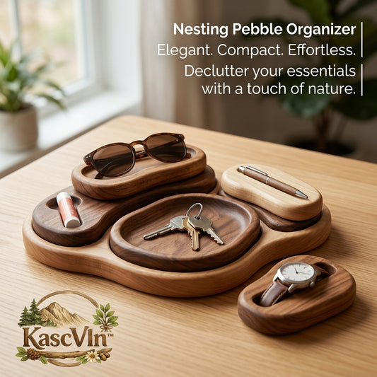 KascVln™ Nesting Pebble Wooden Valet Tray | Modular Desk Organizer & Catchall Tray for Keys, Watch, Sunglasses, and Pens | Premium Natural Wood Entryway & Nightstand Organizer