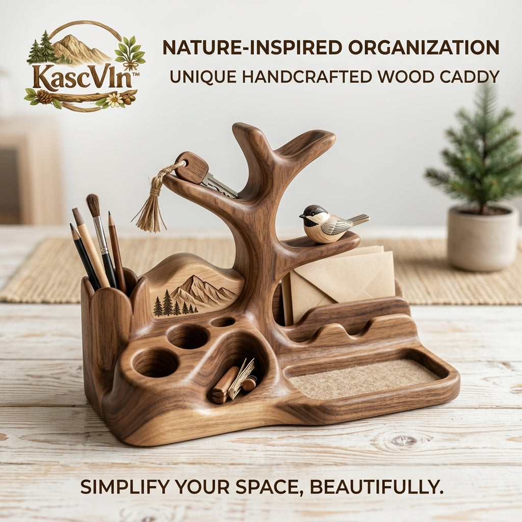 KascVln™ Nature-Inspired Wooden Desk Organizer - Handcrafted Walnut Valet Tray with Key Tree Branch, Pen Holder, Mail Slot, and Accessory Tray for Home Office, Nightstand, Entryway Table Decor, Unique Men's Gift