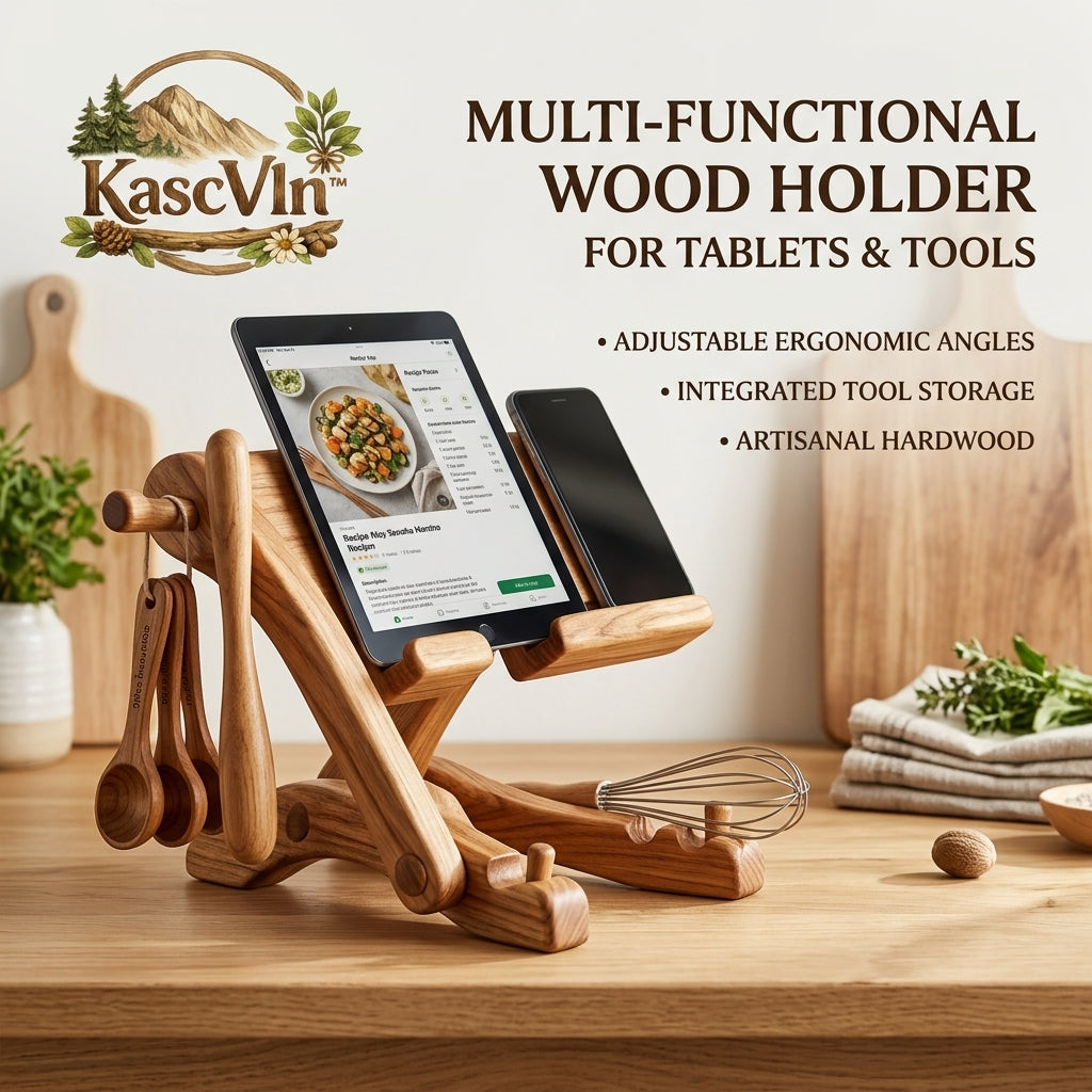 KascVln™ Multi-Functional Wooden Tablet Stand & Phone Holder for Kitchen Counter | Adjustable Ergonomic Cookbook Holder with Integrated Cookware Utensil Storage, Measuring Spoon Hook & Whisk Rest | Premium Artisanal Hardwood