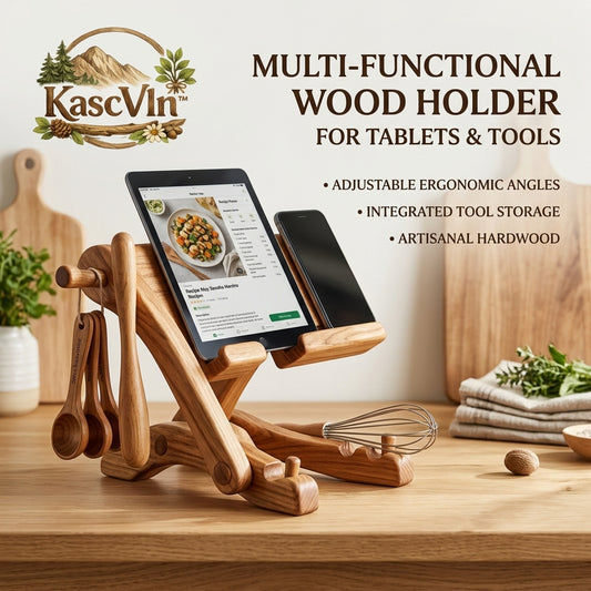 KascVln™ Multi-Functional Wooden Tablet Stand & Phone Holder for Kitchen Counter | Adjustable Ergonomic Cookbook Holder with Integrated Cookware Utensil Storage, Measuring Spoon Hook & Whisk Rest | Premium Artisanal Hardwood