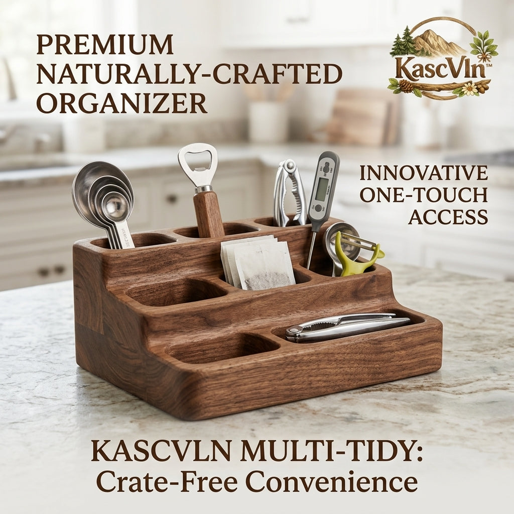 KascVln™ Premium Wooden Countertop Organizer - 3-Tier Multi-Functional Utensil Caddy & Tea Bag Holder, Naturally-Crafted Walnut Kitchen Dock, Vanity & Office Desk Storage Tray with One-Touch Access