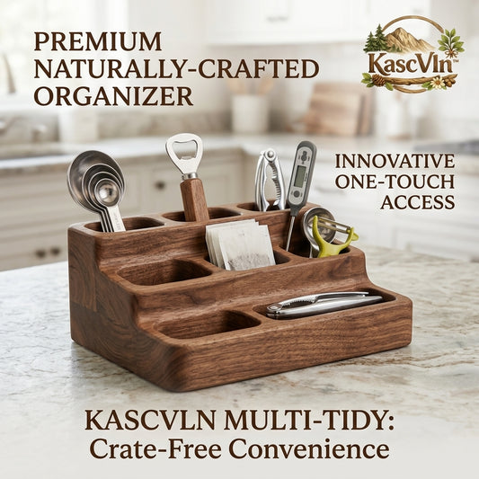 KascVln™ Premium Wooden Countertop Organizer - 3-Tier Multi-Functional Utensil Caddy & Tea Bag Holder, Naturally-Crafted Walnut Kitchen Dock, Vanity & Office Desk Storage Tray with One-Touch Access