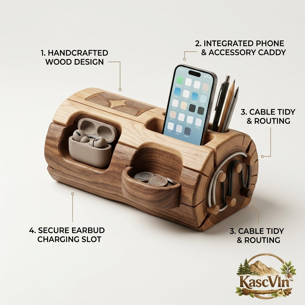 KascVln™ Handcrafted Wooden Desk Organizer & Phone Stand | Rustic Log Tech Accessory Caddy with Cable Management & Earbud Charging Dock | Premium Wood Nightstand Organizer & Office Decor Gift