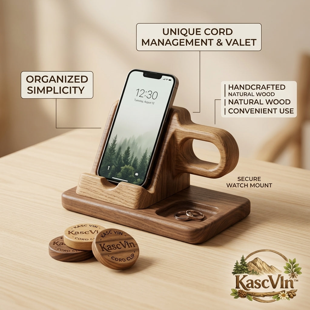 KascVln™ Handcrafted Wooden Docking Station & Nightstand Organizer | Multi-Device Phone Stand and Watch Mount | Valet Tray with Wood Cord Clips | Gift for Men, Husband, Dad, Tech Lovers